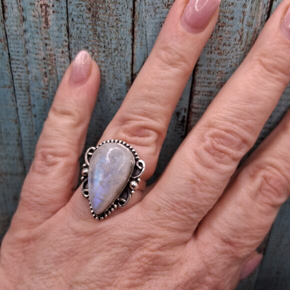 Blue FLASHY Rainbow Moonstone Teardrop Silver Ring|gift for  Southwestern Sterling Silver Rainbow Moonstone Ring size 8 Blue Flash Teardrop